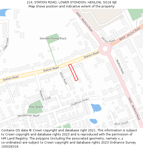 214, STATION ROAD, LOWER STONDON, HENLOW, SG16 6JE: Location map and indicative extent of plot