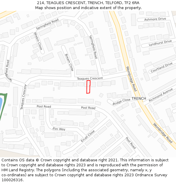 214, TEAGUES CRESCENT, TRENCH, TELFORD, TF2 6RA: Location map and indicative extent of plot