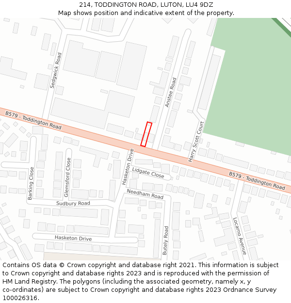 214, TODDINGTON ROAD, LUTON, LU4 9DZ: Location map and indicative extent of plot