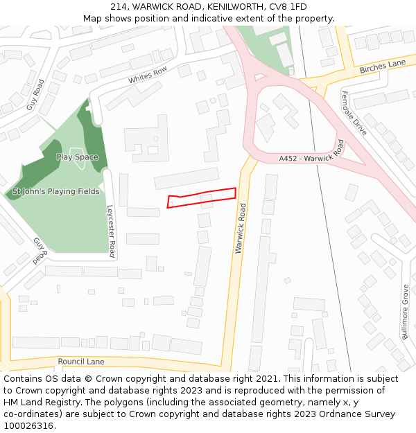 214, WARWICK ROAD, KENILWORTH, CV8 1FD: Location map and indicative extent of plot