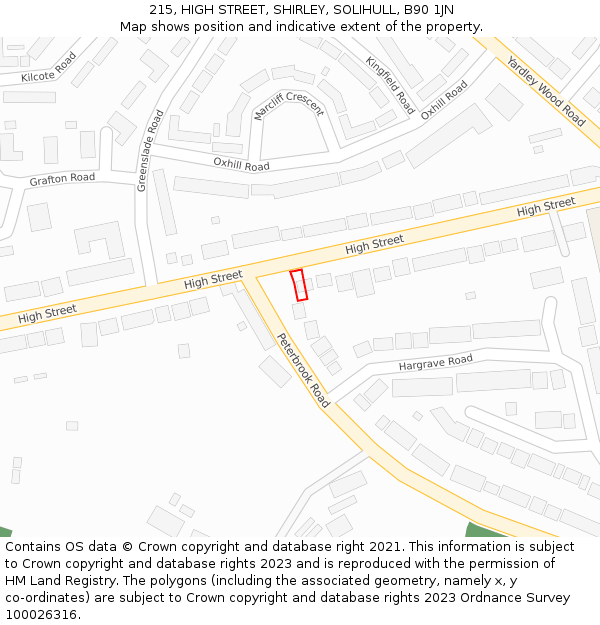 215, HIGH STREET, SHIRLEY, SOLIHULL, B90 1JN: Location map and indicative extent of plot