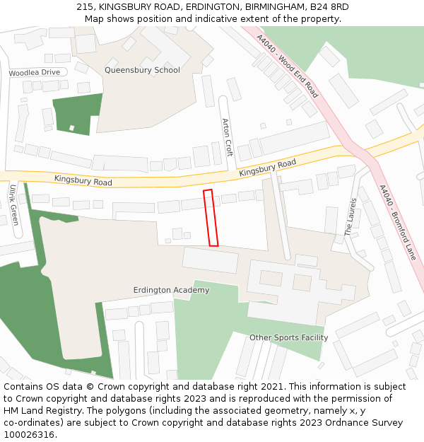 215, KINGSBURY ROAD, ERDINGTON, BIRMINGHAM, B24 8RD: Location map and indicative extent of plot