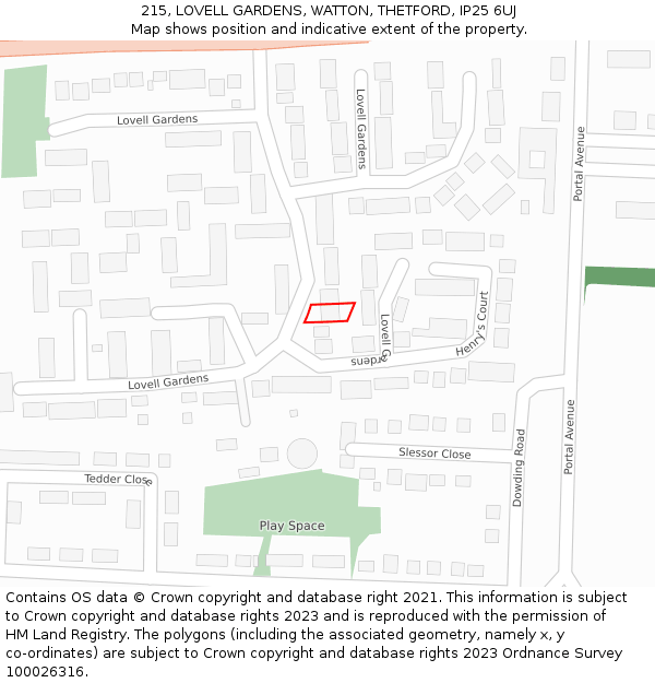 215, LOVELL GARDENS, WATTON, THETFORD, IP25 6UJ: Location map and indicative extent of plot