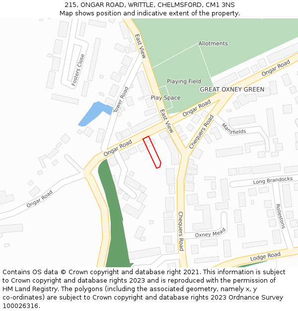 215, ONGAR ROAD, WRITTLE, CHELMSFORD, CM1 3NS: Location map and indicative extent of plot