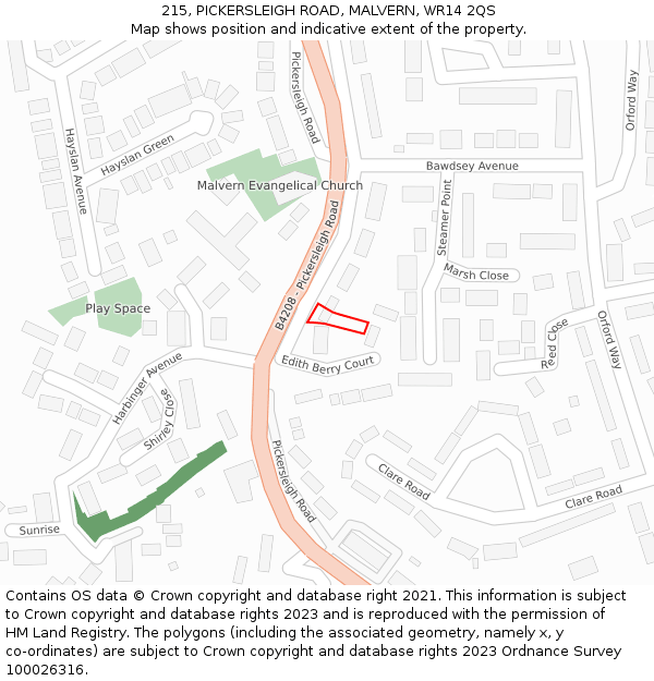 215, PICKERSLEIGH ROAD, MALVERN, WR14 2QS: Location map and indicative extent of plot