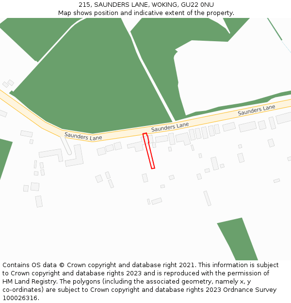 215, SAUNDERS LANE, WOKING, GU22 0NU: Location map and indicative extent of plot