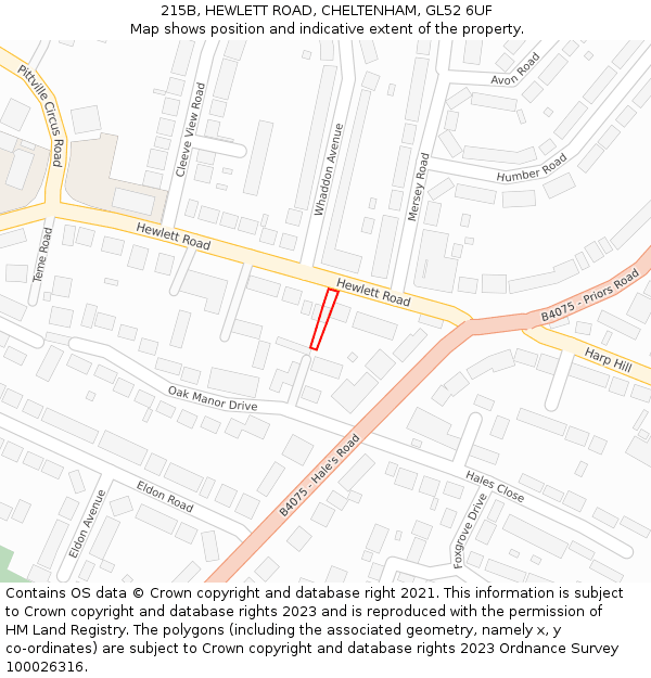 215B, HEWLETT ROAD, CHELTENHAM, GL52 6UF: Location map and indicative extent of plot