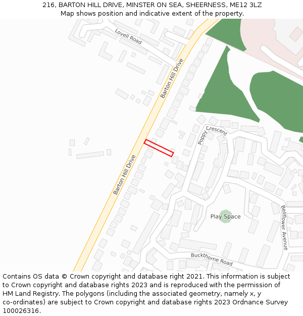 216, BARTON HILL DRIVE, MINSTER ON SEA, SHEERNESS, ME12 3LZ: Location map and indicative extent of plot