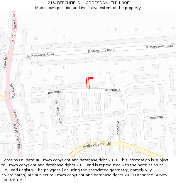 216, BEECHFIELD, HODDESDON, EN11 9QF: Location map and indicative extent of plot