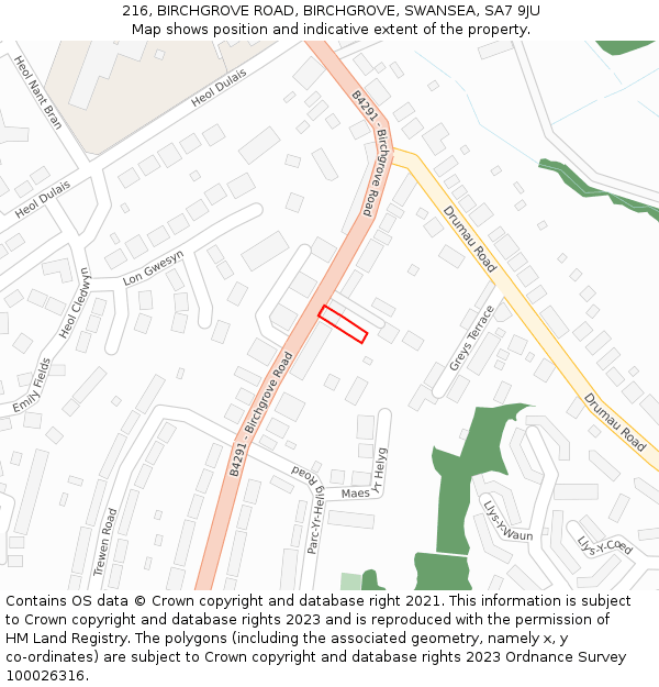 216, BIRCHGROVE ROAD, BIRCHGROVE, SWANSEA, SA7 9JU: Location map and indicative extent of plot