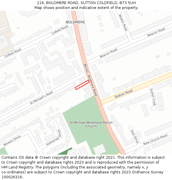 216, BOLDMERE ROAD, SUTTON COLDFIELD, B73 5UH: Location map and indicative extent of plot