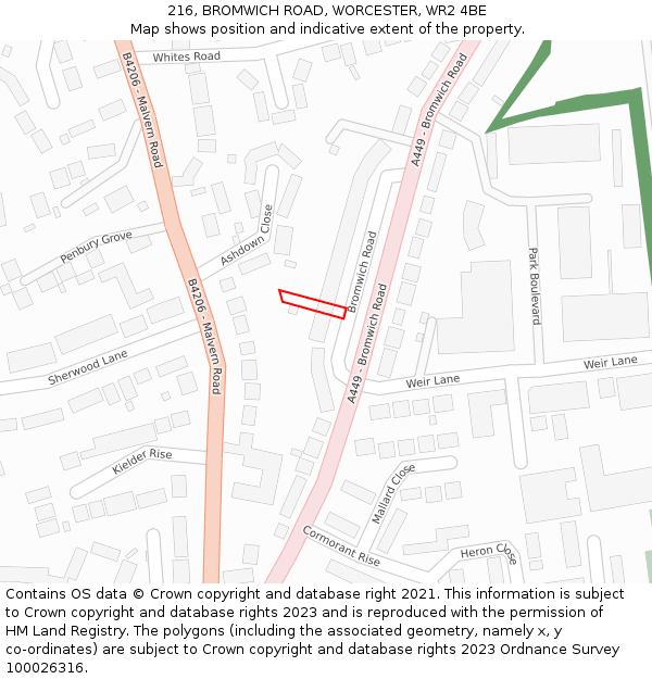 216, BROMWICH ROAD, WORCESTER, WR2 4BE: Location map and indicative extent of plot