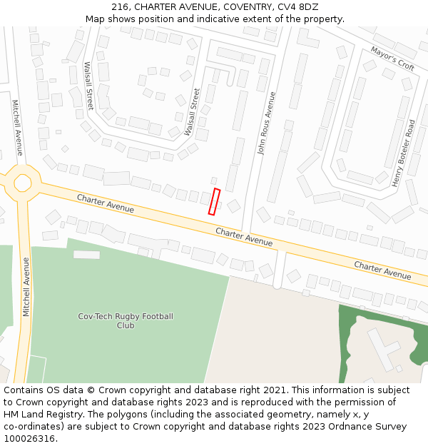 216, CHARTER AVENUE, COVENTRY, CV4 8DZ: Location map and indicative extent of plot