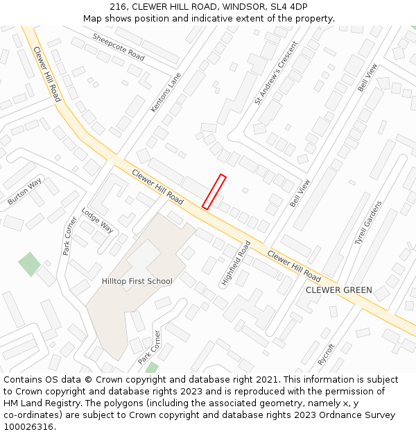 216, CLEWER HILL ROAD, WINDSOR, SL4 4DP: Location map and indicative extent of plot