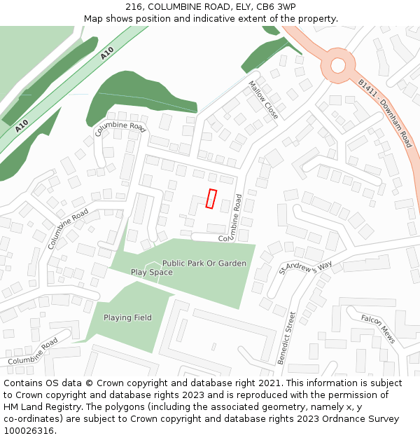 216, COLUMBINE ROAD, ELY, CB6 3WP: Location map and indicative extent of plot