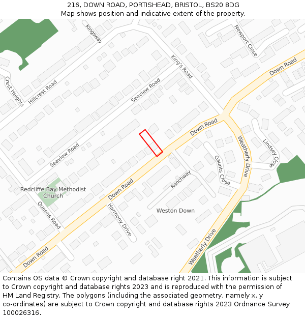 216, DOWN ROAD, PORTISHEAD, BRISTOL, BS20 8DG: Location map and indicative extent of plot