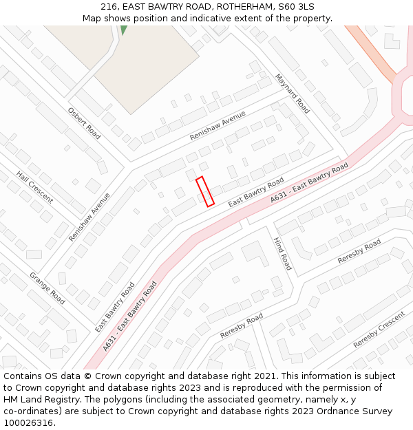 216, EAST BAWTRY ROAD, ROTHERHAM, S60 3LS: Location map and indicative extent of plot