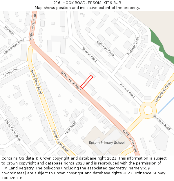 216, HOOK ROAD, EPSOM, KT19 8UB: Location map and indicative extent of plot