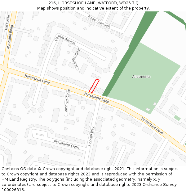 216, HORSESHOE LANE, WATFORD, WD25 7JQ: Location map and indicative extent of plot