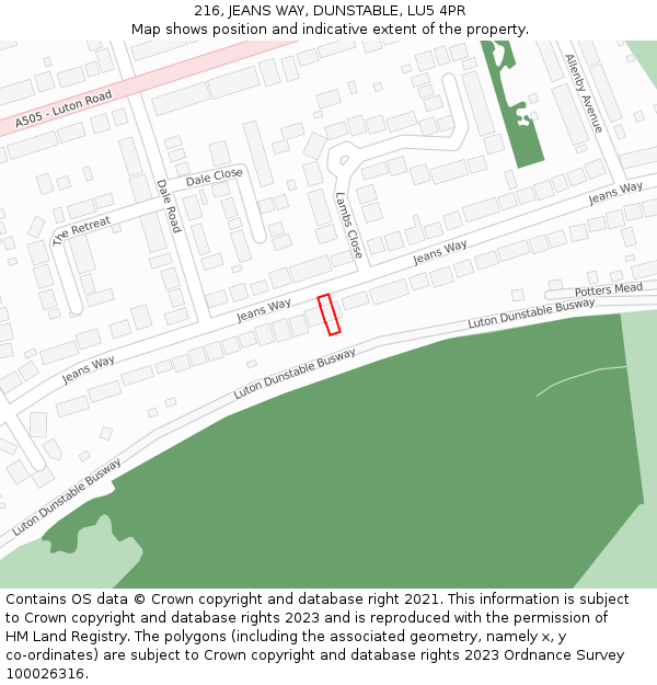 216, JEANS WAY, DUNSTABLE, LU5 4PR: Location map and indicative extent of plot