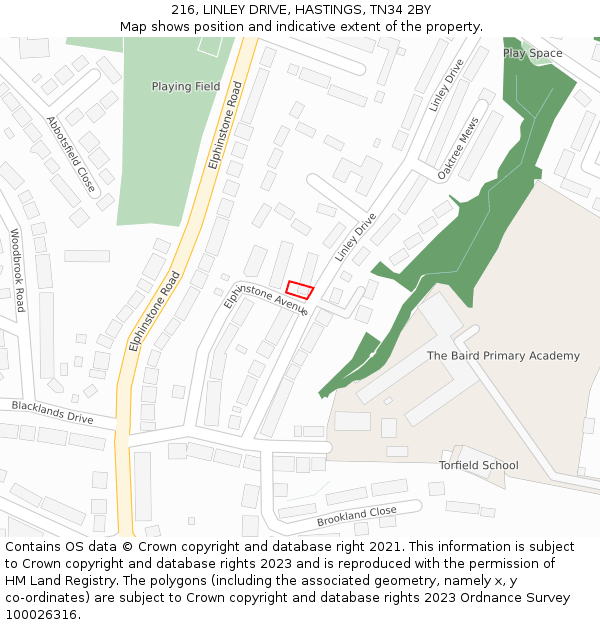 216, LINLEY DRIVE, HASTINGS, TN34 2BY: Location map and indicative extent of plot