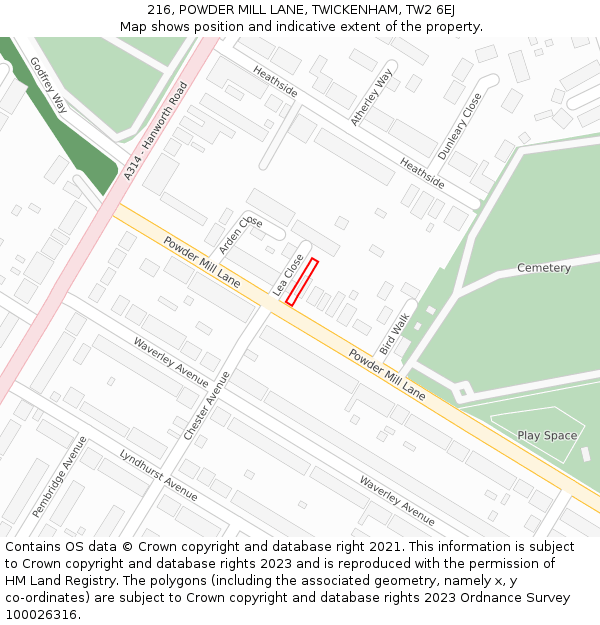 216, POWDER MILL LANE, TWICKENHAM, TW2 6EJ: Location map and indicative extent of plot