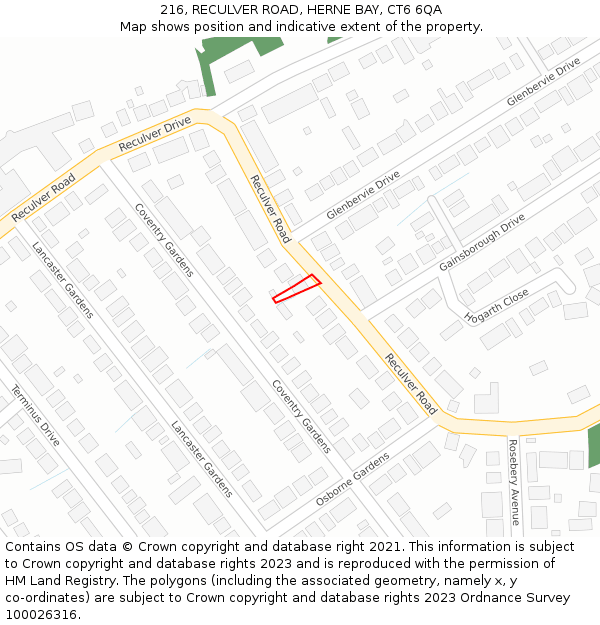 216, RECULVER ROAD, HERNE BAY, CT6 6QA: Location map and indicative extent of plot