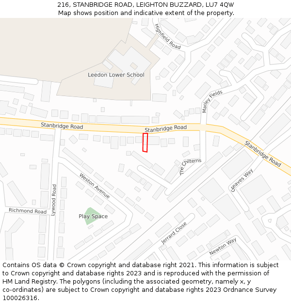 216, STANBRIDGE ROAD, LEIGHTON BUZZARD, LU7 4QW: Location map and indicative extent of plot