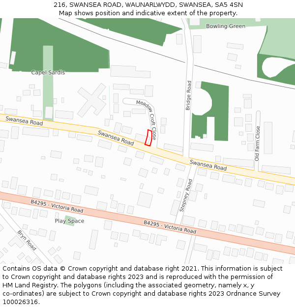 216, SWANSEA ROAD, WAUNARLWYDD, SWANSEA, SA5 4SN: Location map and indicative extent of plot