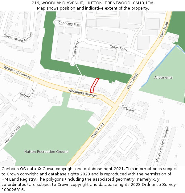 216, WOODLAND AVENUE, HUTTON, BRENTWOOD, CM13 1DA: Location map and indicative extent of plot