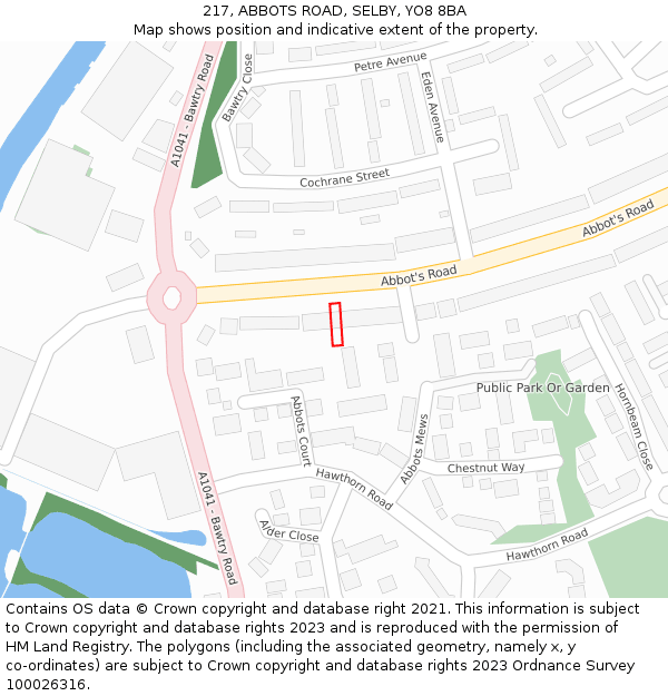 217, ABBOTS ROAD, SELBY, YO8 8BA: Location map and indicative extent of plot