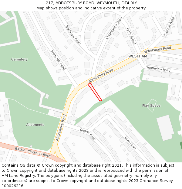 217, ABBOTSBURY ROAD, WEYMOUTH, DT4 0LY: Location map and indicative extent of plot