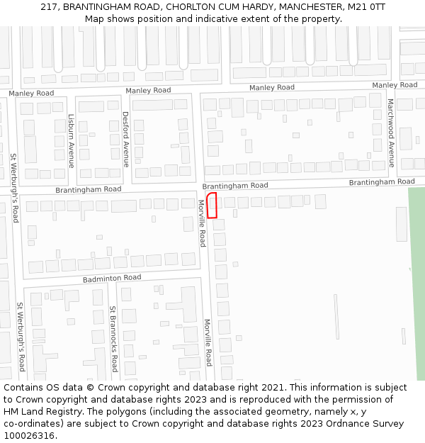 217, BRANTINGHAM ROAD, CHORLTON CUM HARDY, MANCHESTER, M21 0TT: Location map and indicative extent of plot