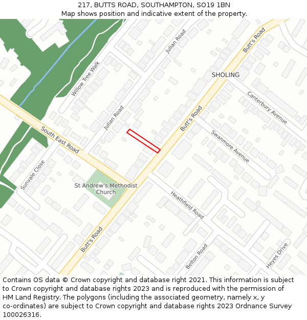 217, BUTTS ROAD, SOUTHAMPTON, SO19 1BN: Location map and indicative extent of plot