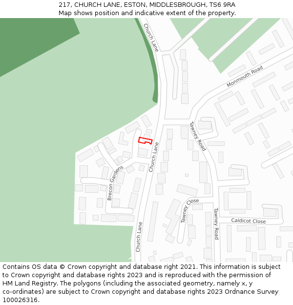 217, CHURCH LANE, ESTON, MIDDLESBROUGH, TS6 9RA: Location map and indicative extent of plot