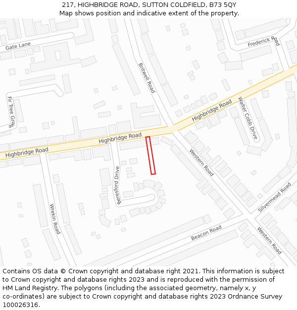 217, HIGHBRIDGE ROAD, SUTTON COLDFIELD, B73 5QY: Location map and indicative extent of plot