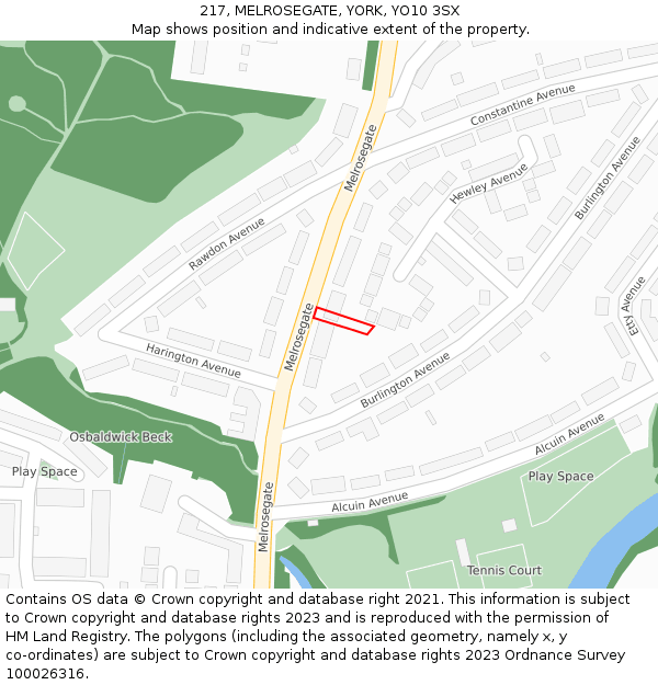 217, MELROSEGATE, YORK, YO10 3SX: Location map and indicative extent of plot