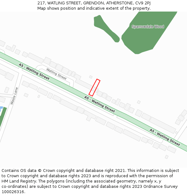 217, WATLING STREET, GRENDON, ATHERSTONE, CV9 2PJ: Location map and indicative extent of plot