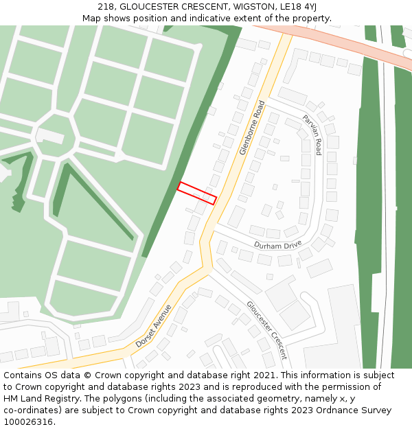 218, GLOUCESTER CRESCENT, WIGSTON, LE18 4YJ: Location map and indicative extent of plot