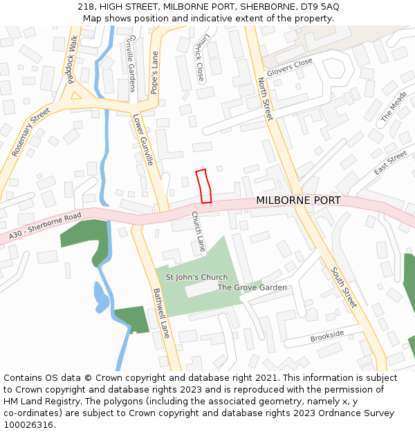 218, HIGH STREET, MILBORNE PORT, SHERBORNE, DT9 5AQ: Location map and indicative extent of plot