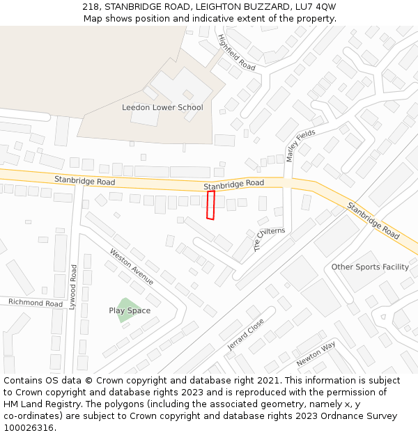 218, STANBRIDGE ROAD, LEIGHTON BUZZARD, LU7 4QW: Location map and indicative extent of plot