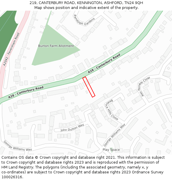 219, CANTERBURY ROAD, KENNINGTON, ASHFORD, TN24 9QH: Location map and indicative extent of plot