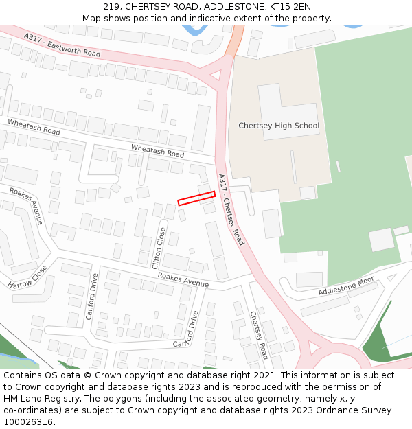 219, CHERTSEY ROAD, ADDLESTONE, KT15 2EN: Location map and indicative extent of plot