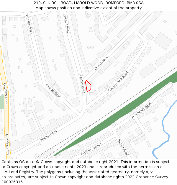 219, CHURCH ROAD, HAROLD WOOD, ROMFORD, RM3 0SA: Location map and indicative extent of plot