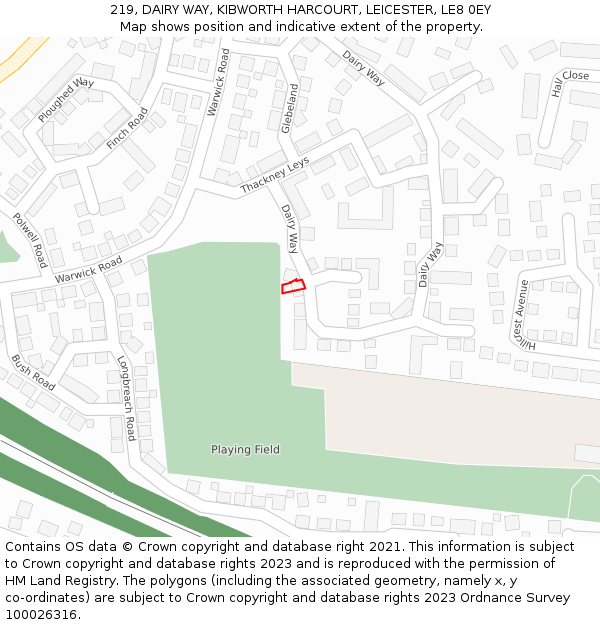 219, DAIRY WAY, KIBWORTH HARCOURT, LEICESTER, LE8 0EY: Location map and indicative extent of plot