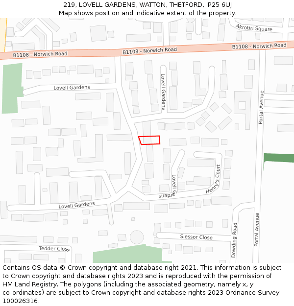 219, LOVELL GARDENS, WATTON, THETFORD, IP25 6UJ: Location map and indicative extent of plot