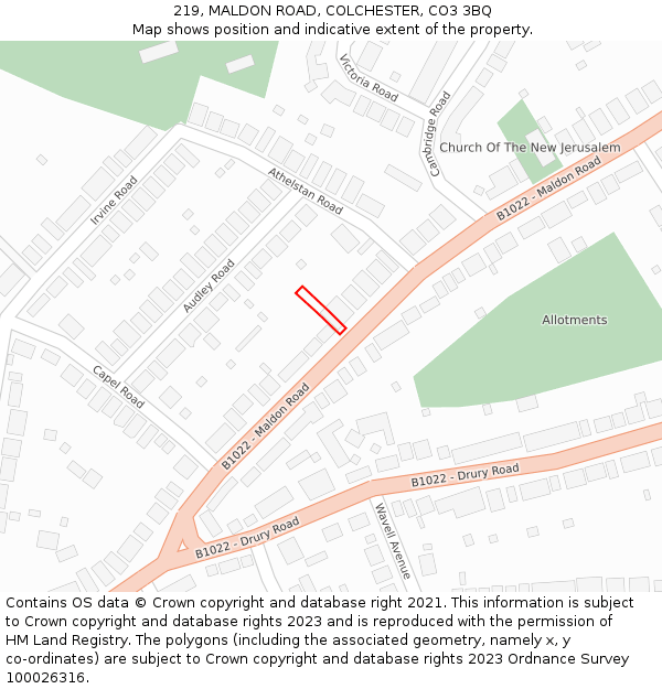 219, MALDON ROAD, COLCHESTER, CO3 3BQ: Location map and indicative extent of plot