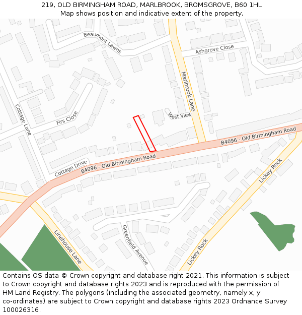 219, OLD BIRMINGHAM ROAD, MARLBROOK, BROMSGROVE, B60 1HL: Location map and indicative extent of plot