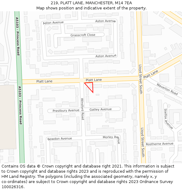 219, PLATT LANE, MANCHESTER, M14 7EA: Location map and indicative extent of plot