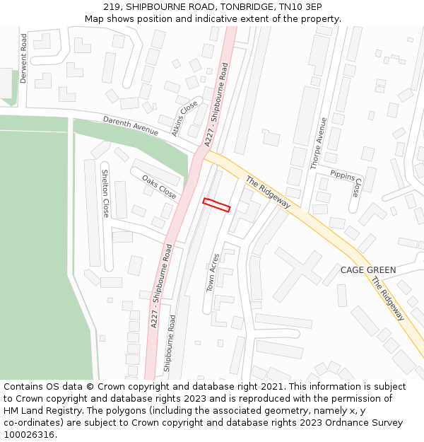 219, SHIPBOURNE ROAD, TONBRIDGE, TN10 3EP: Location map and indicative extent of plot